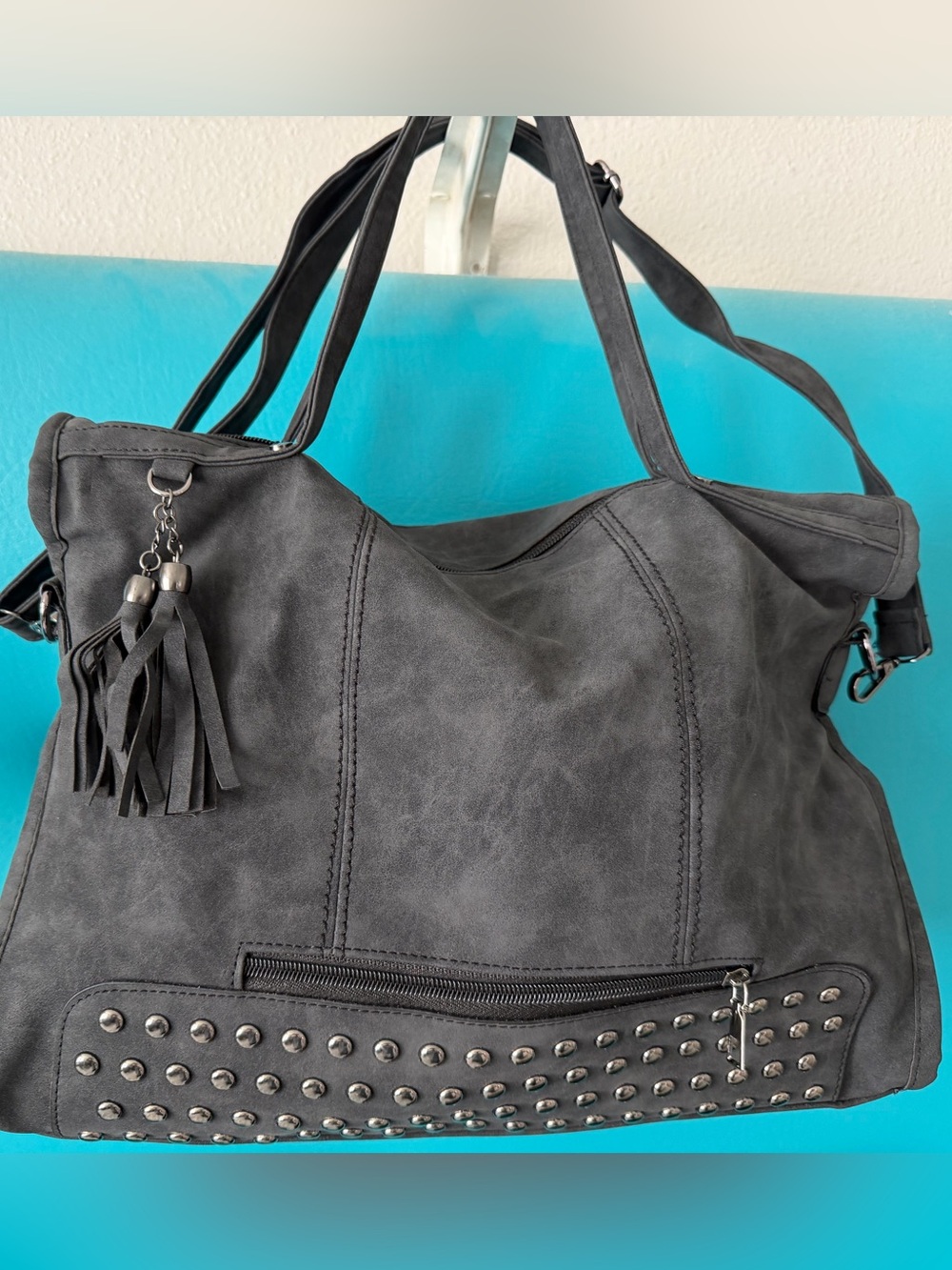 Womens Studded Tassel Tote Bag - Dark Gray